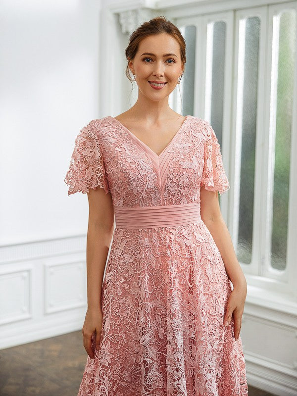 Sydney A-Line/Princess Chiffon Applique V-neck Short Sleeves Tea-Length Dresses HLP0020244