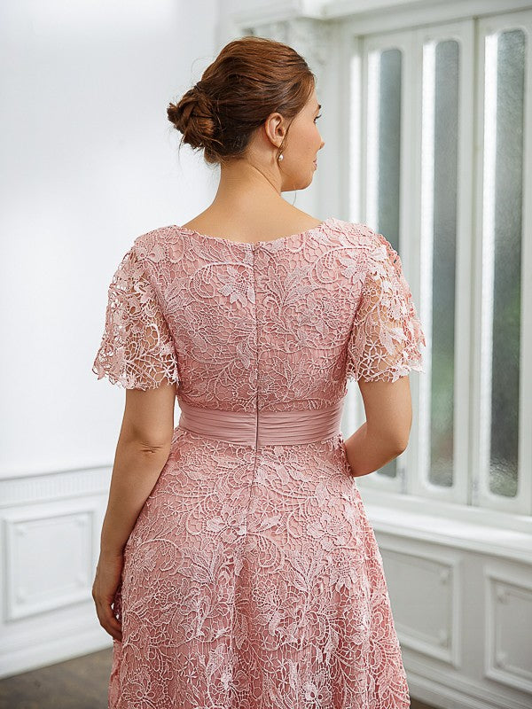 Sydney A-Line/Princess Chiffon Applique V-neck Short Sleeves Tea-Length Dresses HLP0020244