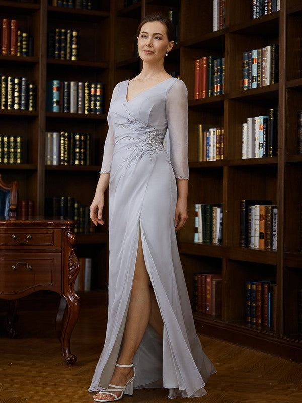 Janiyah Sheath/Column 30D Chiffon Beading V-neck 3/4 Sleeves Floor-Length Mother of the Bride Dresses HLP0020247