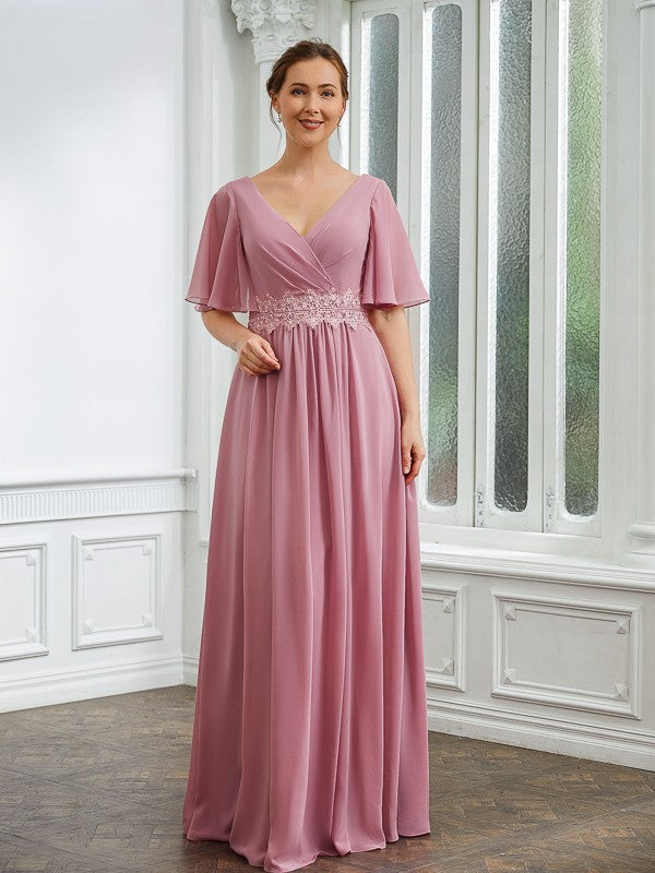 Sophie A-Line/Princess Chiffon Ruched V-neck 1/2 Sleeves Floor-Length Mother of the Bride Dresses HLP0020248