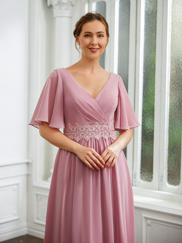 Sophie A-Line/Princess Chiffon Ruched V-neck 1/2 Sleeves Floor-Length Mother of the Bride Dresses HLP0020248