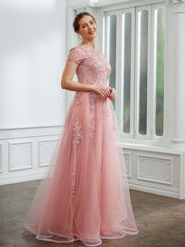 Karen A-Line/Princess Tulle Applique Bateau Short Sleeves Floor-Length Dresses HLP0020242