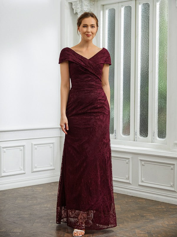 Jade Sheath/Column Lace Ruched V-neck Short Sleeves Floor-Length Mother of the Bride Dresses HLP0020246