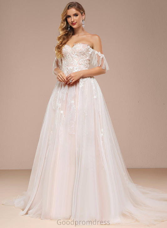 Tulle Train Sweetheart Wedding With Court Brianna Off-the-Shoulder Sequins Wedding Dresses Dress Ruffle Ball-Gown/Princess Lace