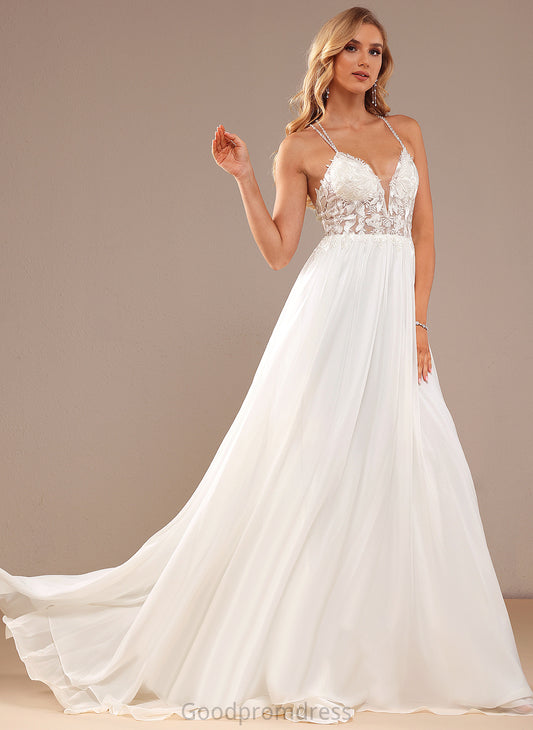 Wedding Wedding Dresses Beading A-Line Train V-neck Sequins Dress Sweep Lace Chiffon With Lauren