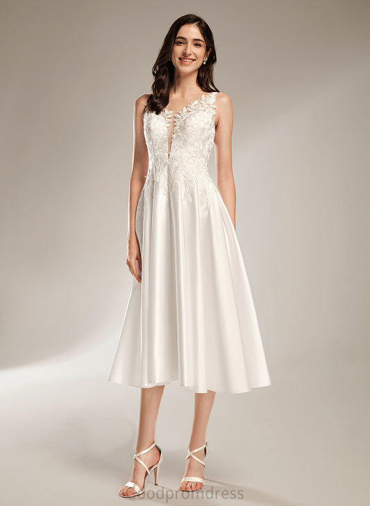 Lace Wedding Dresses Satin Tea-Length Wedding A-Line Dress Kadence V-neck