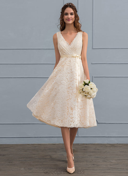 With Dress Lace Bow(s) V-neck Wedding Dresses A-Line Helen Wedding Knee-Length