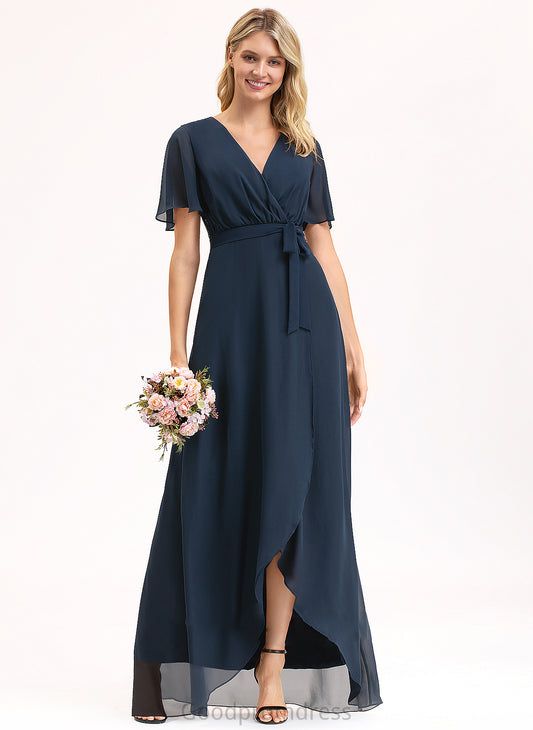Fabric V-neck Silhouette A-Line Neckline Length Asymmetrical Bow(s) Embellishment Novia Sleeveless Floor Length Bridesmaid Dresses