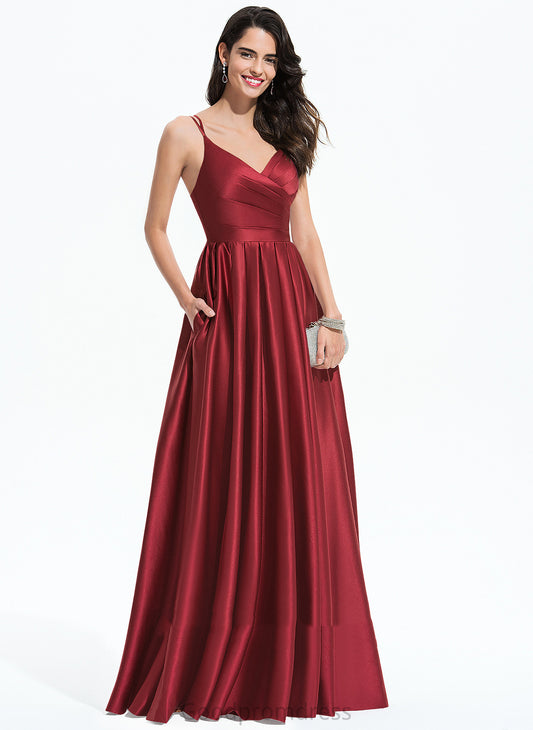 A-Line Braelyn With Floor-Length Pleated Prom Dresses V-neck Satin