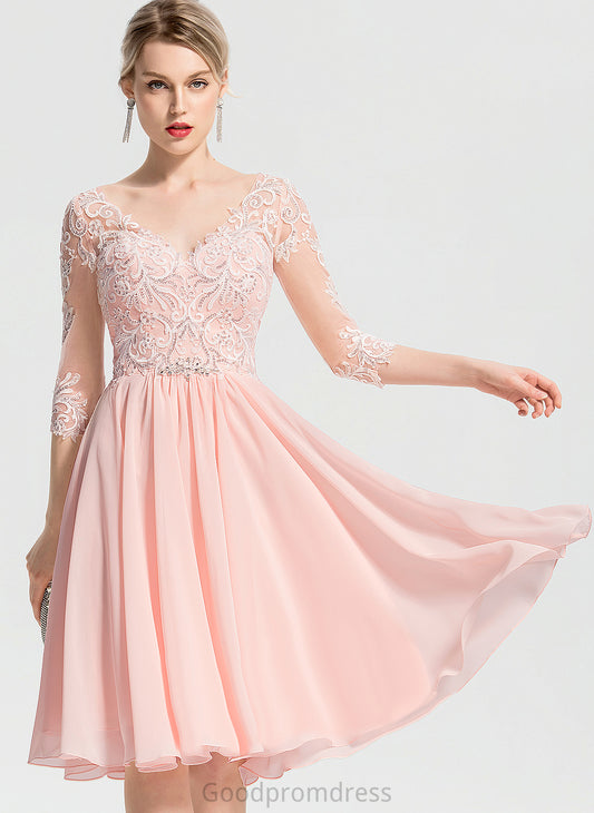 A-Line Beading Anika Cocktail Dresses Dress Knee-Length Chiffon Cocktail Lace With V-neck