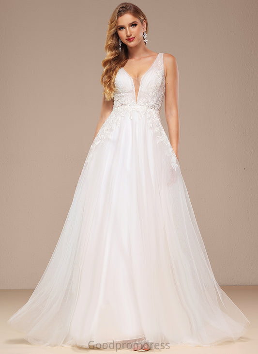 Wedding With Train Dress Lace Wedding Dresses Tulle A-Line V-neck Sequins Sweep Riley