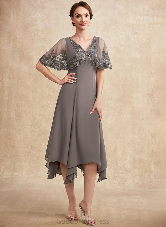 Beading Chiffon Ali Mother Lace V-neck Mother of the Bride Dresses the With Bride of A-Line Sequins Dress Tea-Length