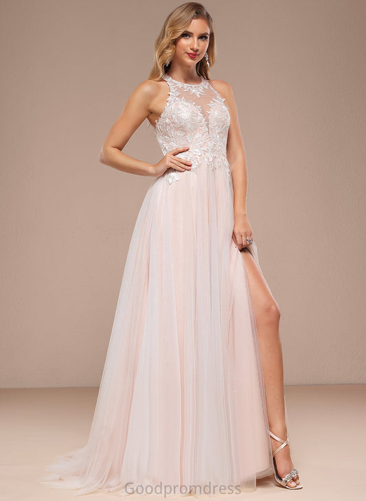 Halter Beading With Sequins Dress A-Line Elva Train Wedding Tulle Wedding Dresses Lace Sweep