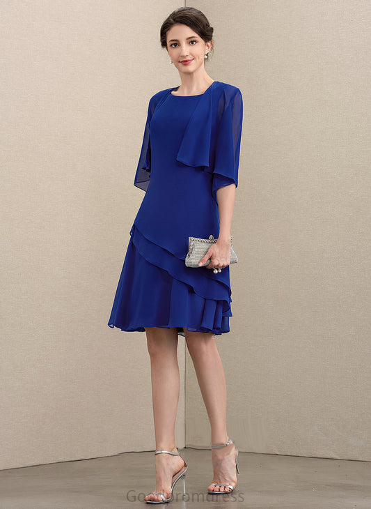 A-Line Bride Scoop Dress Cascading Chiffon Lesly the Mother of the Bride Dresses Knee-Length With Mother Ruffles Neck of