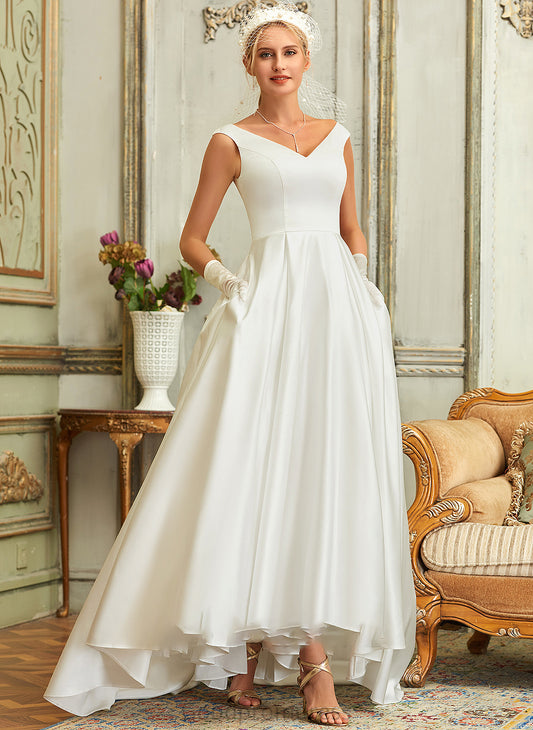 Ball-Gown/Princess Satin V-neck Pockets Asymmetrical With Wedding Dresses Rosalyn Wedding Dress