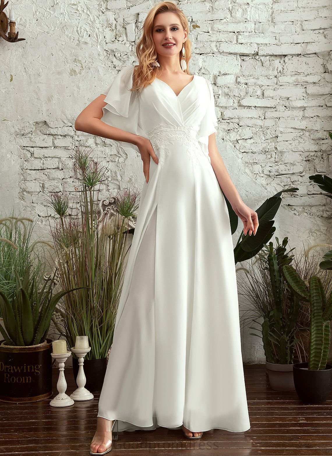Chiffon Kaitlyn Wedding Dresses V-neck Floor-Length Lace A-Line Wedding Dress
