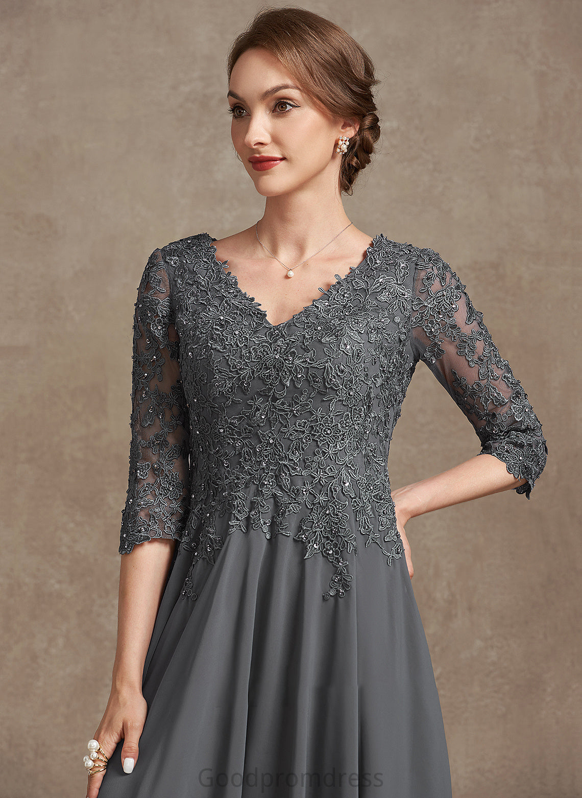 A-Line Tea-Length Lace Dress Chiffon V-neck Beading the Mother of the Bride Dresses of Sequins Bride Ellen Mother With