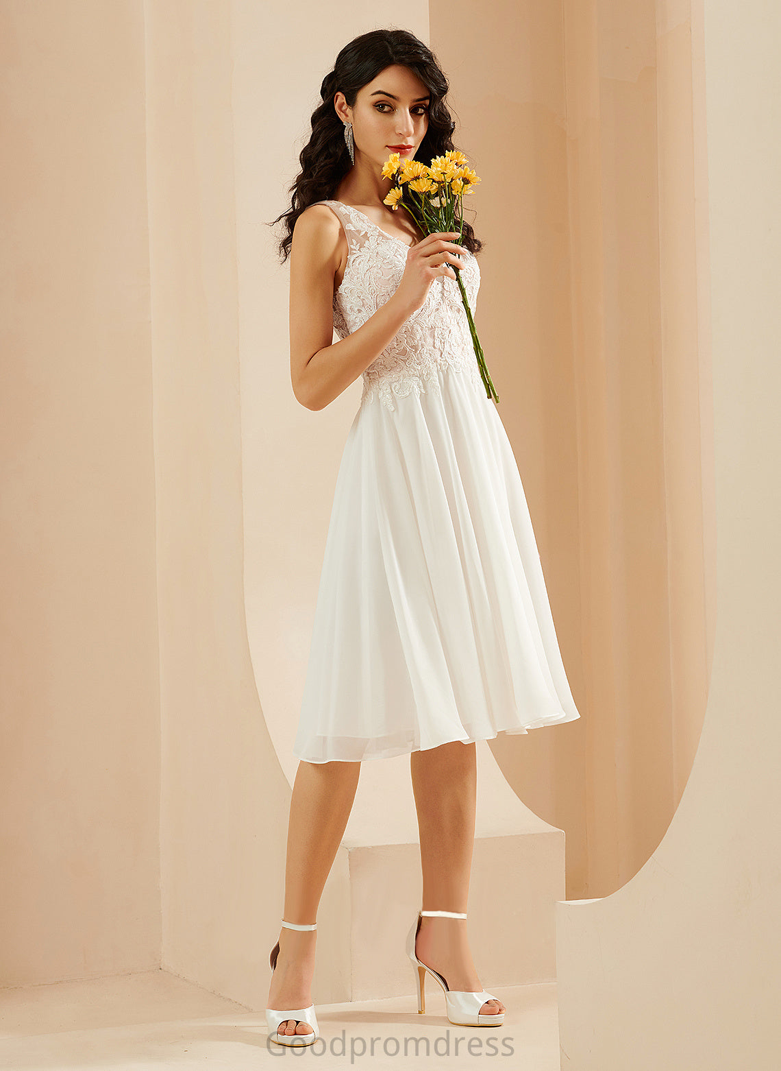 Alissa V-neck Lace A-Line Wedding Chiffon Dress Wedding Dresses With Knee-Length Sequins