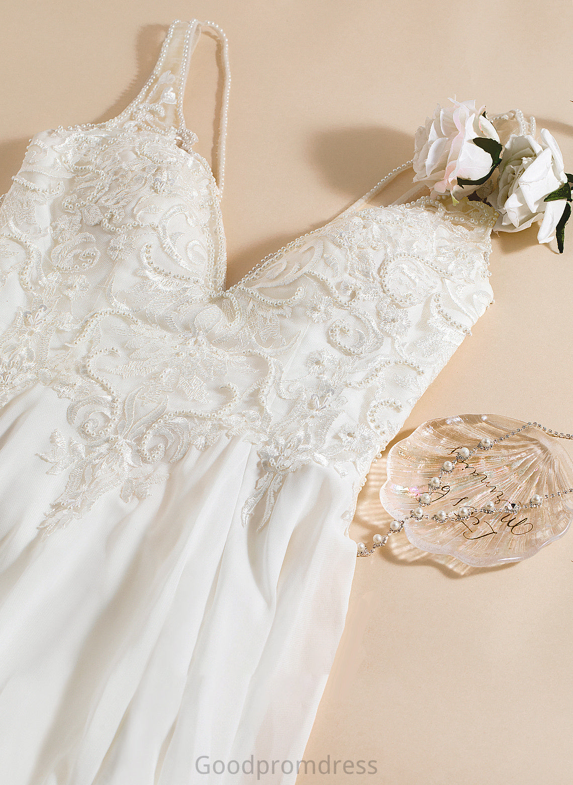 Chiffon Dress Front Beading Split Sabrina A-Line Sequins Wedding Dresses V-neck Wedding Sweep With Train
