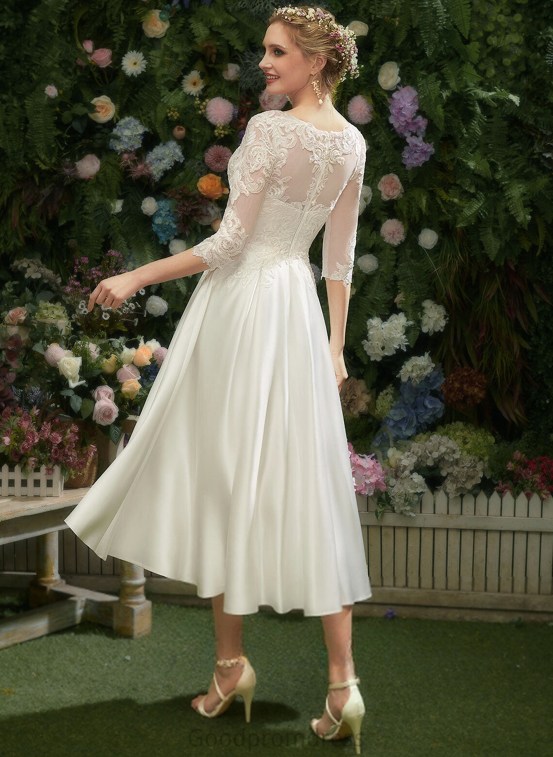 Wedding Satin Wedding Dresses Dress Illusion Paulina A-Line Lace Tea-Length
