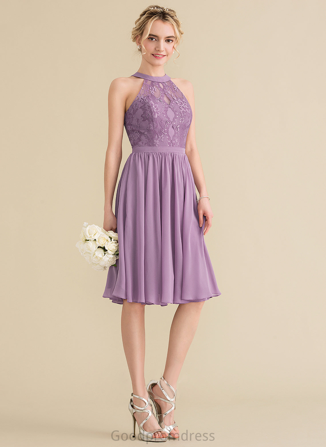 Scoop Chiffon Knee-Length Homecoming Dress Lace Homecoming Dresses A-Line Lace Neck With Ada