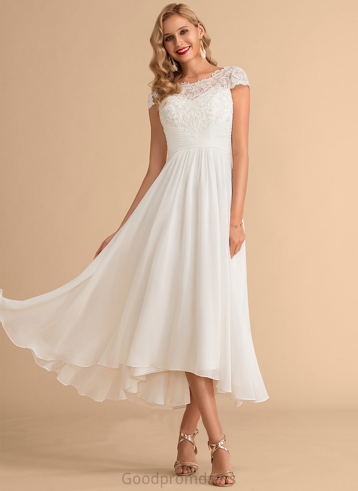 Casey Wedding Chiffon A-Line Dress Asymmetrical Lace Wedding Dresses Scoop