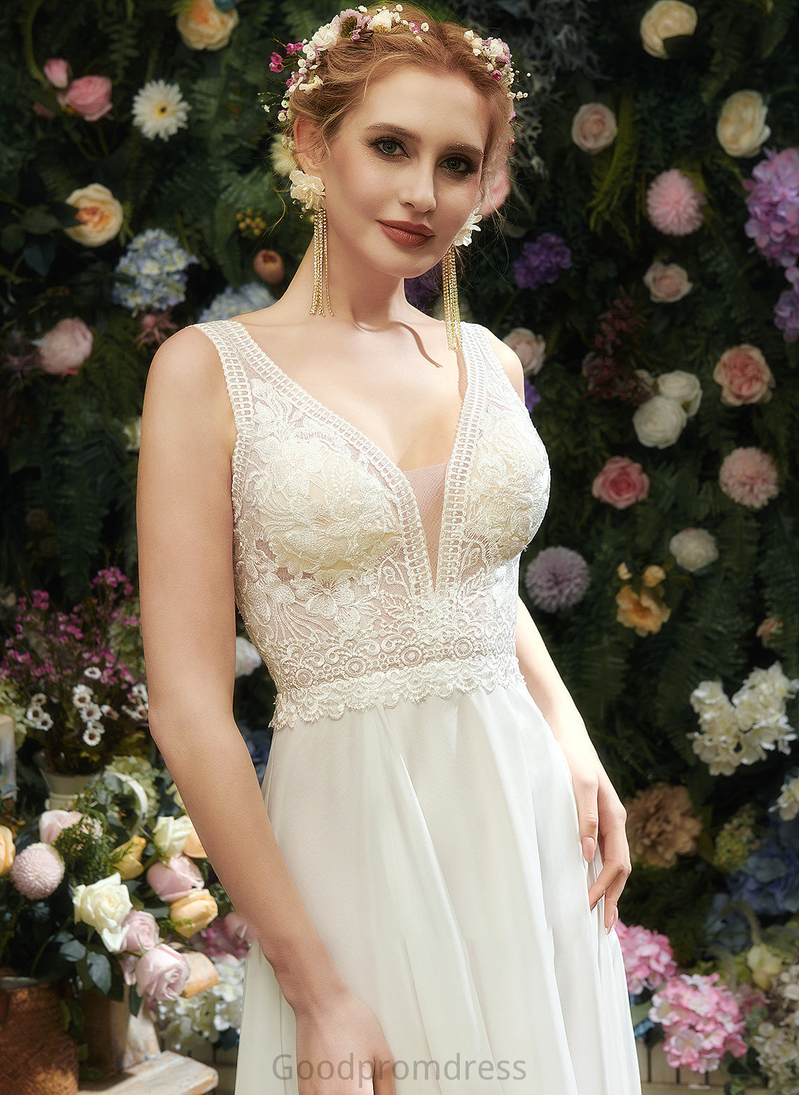 Floor-Length A-Line Sequins Wedding Split V-neck Lace Front Dress Isabelle With Wedding Dresses