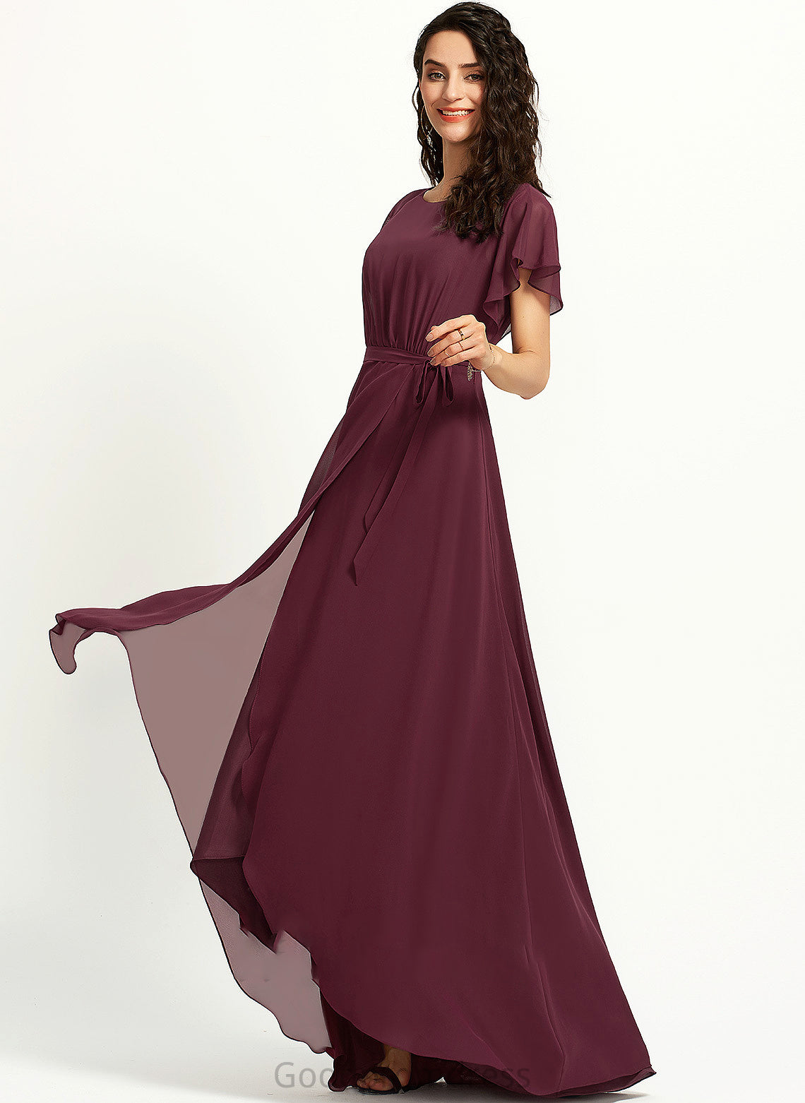 Ruffle A-Line Fabric ScoopNeck Silhouette Embellishment Asymmetrical Length Neckline Aria A-Line/Princess Floor Length Bridesmaid Dresses