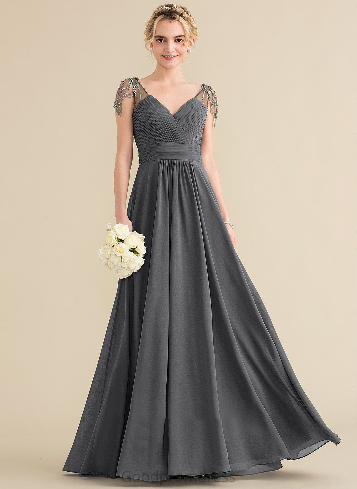 Embellishment Neckline Floor-Length A-Line Sequins Beading V-neck Length Ruffle Fabric Silhouette Yasmin Bridesmaid Dresses