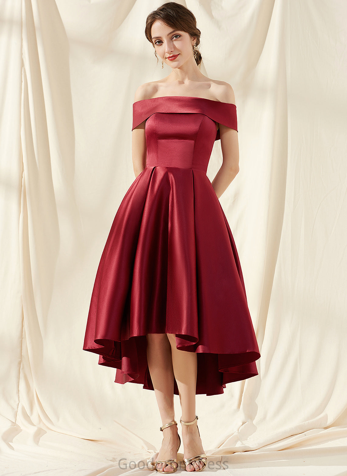 Dress Karli Asymmetrical Homecoming Dresses A-Line Pockets With Off-the-Shoulder Homecoming Satin
