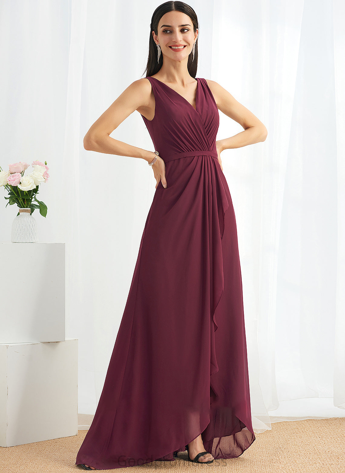 Embellishment SplitFront Length V-neck Silhouette Asymmetrical A-Line Neckline Fabric Ursula V-Neck Floor Length Bridesmaid Dresses