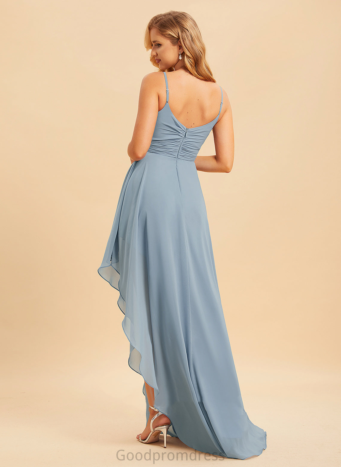 A-Line Asymmetrical Ruffle V-neck Length Neckline Silhouette Fabric Embellishment Nola Natural Waist Floor Length Bridesmaid Dresses