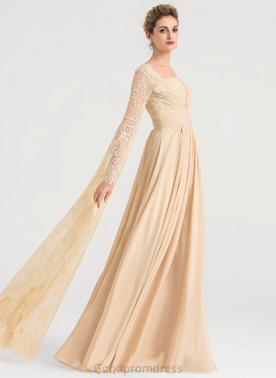 Pleated Beading Floor-Length A-Line Square Dress Wedding Dresses Lace Chiffon Wedding Livia With