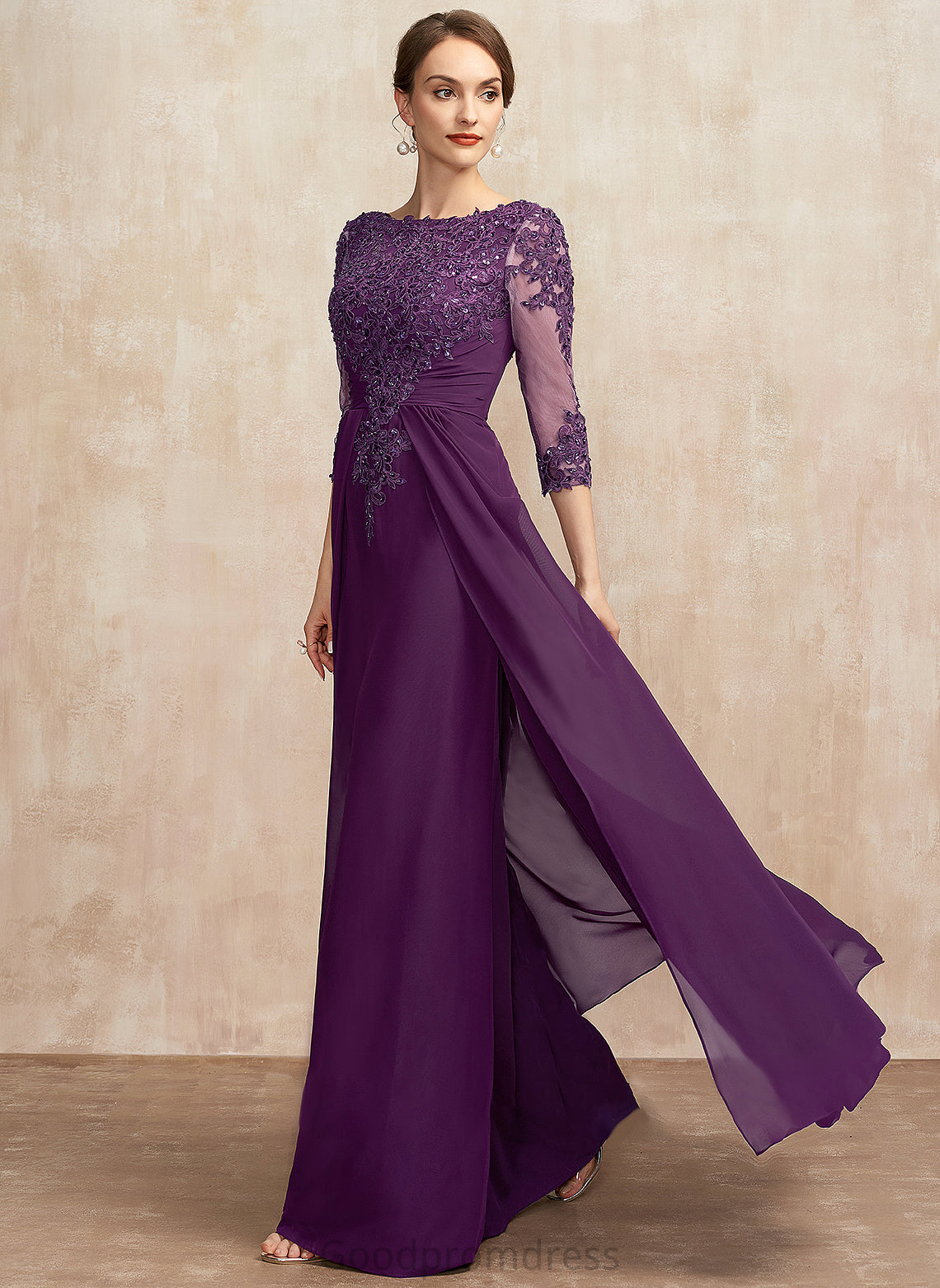 Bride Lace A-Line Dress Mother of the Bride Dresses Makena Neck the Scoop Floor-Length of Beading With Chiffon Mother Sequins
