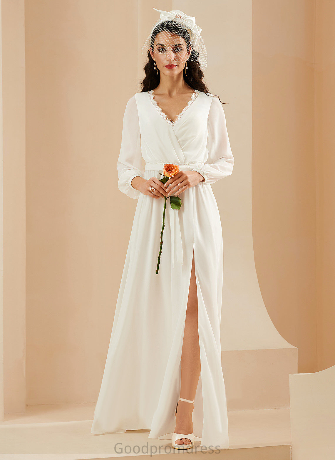 Saniyah A-Line Floor-Length Wedding Chiffon V-neck Dress Wedding Dresses Lace