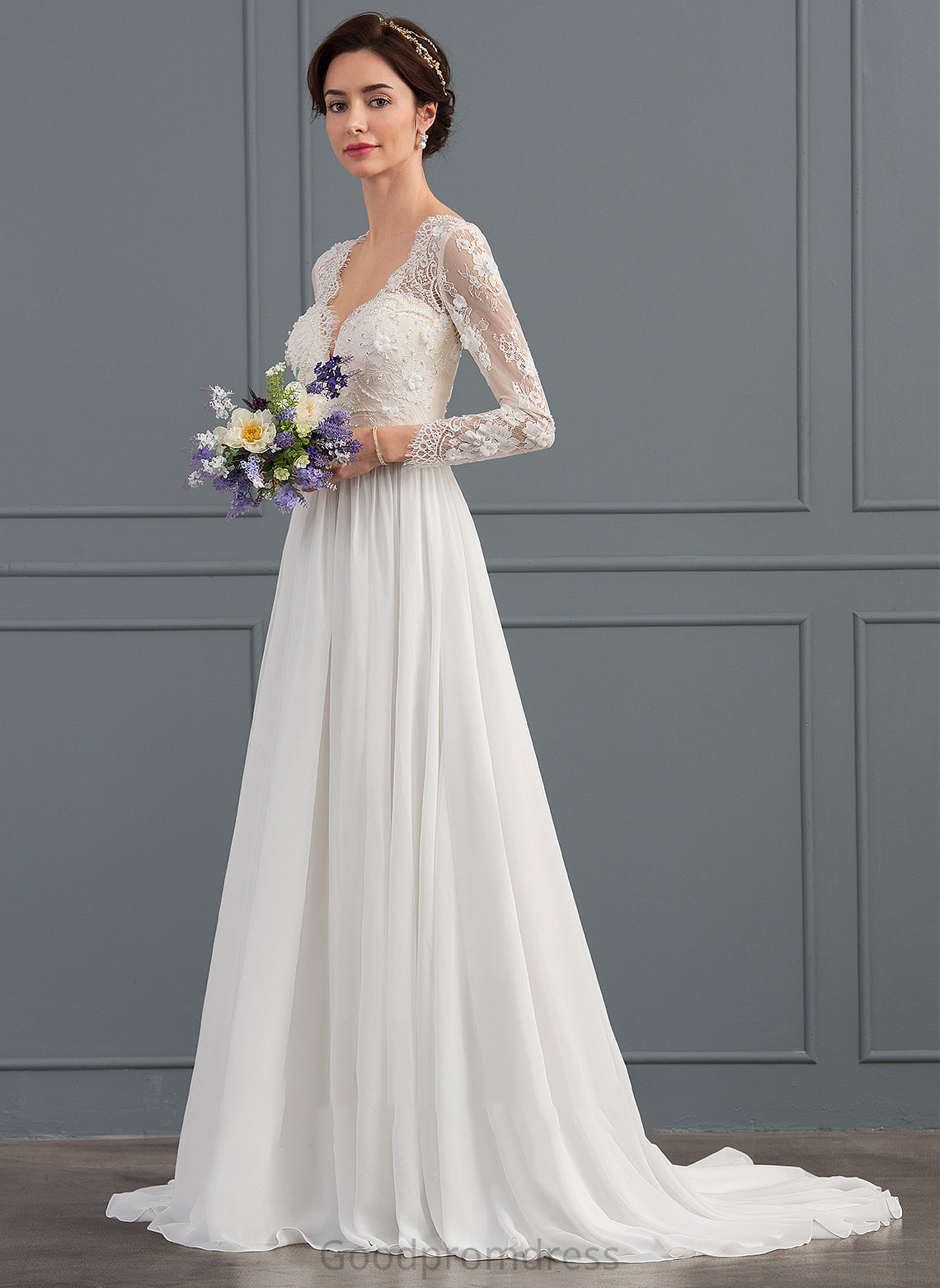 Dress Beading Wedding Dresses Train V-neck A-Line Sequins Sweep Kit With Chiffon Wedding