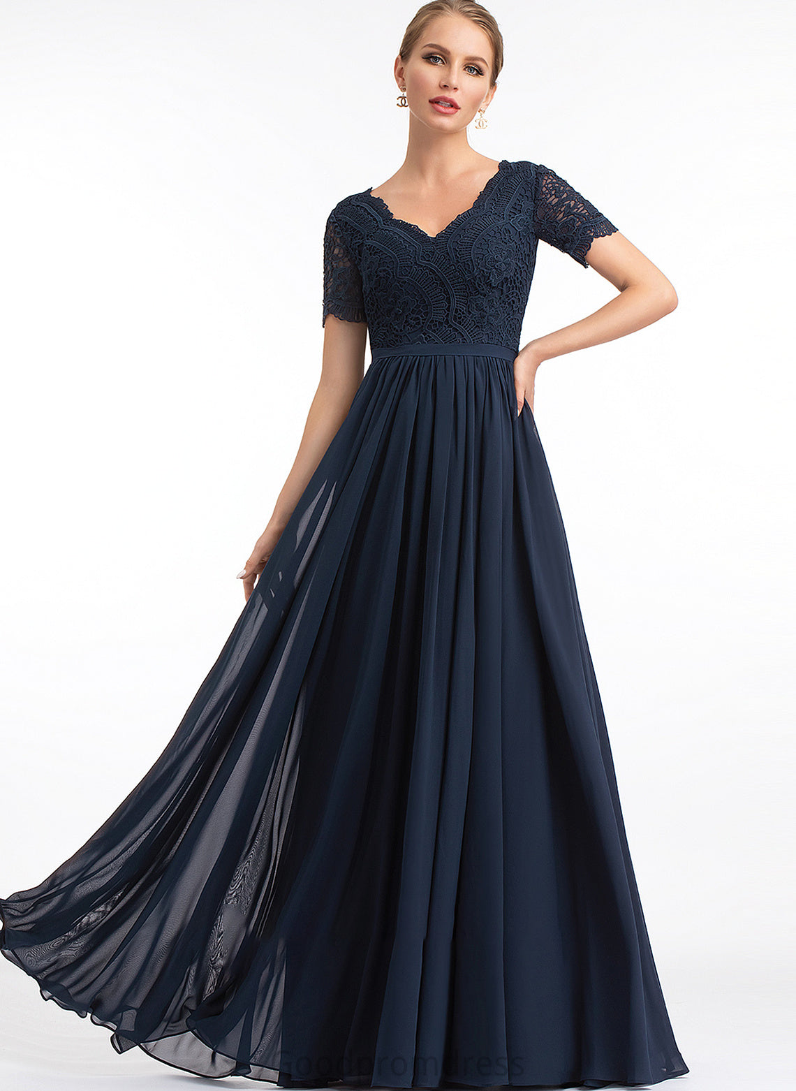 Fabric Floor-Length Lace Length Silhouette Neckline V-neck Sleeve A-Line Emilee Stretch Satin Straps Bridesmaid Dresses