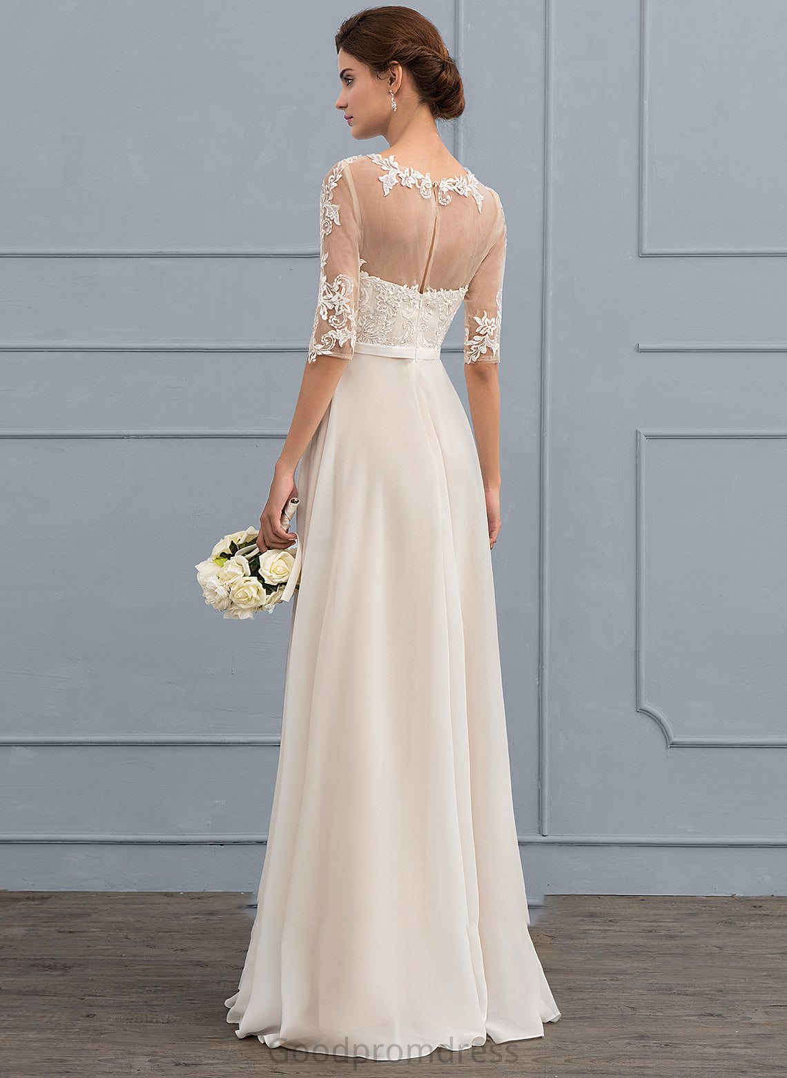 Beading A-Line Chiffon With Floor-Length Sequins Wedding Dresses Wedding Sabrina Bow(s) Dress Illusion