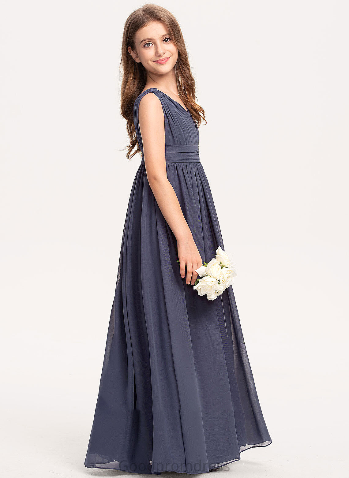 A-Line V-neck Chiffon Junior Bridesmaid Dresses With Amiah Floor-Length Ruffle