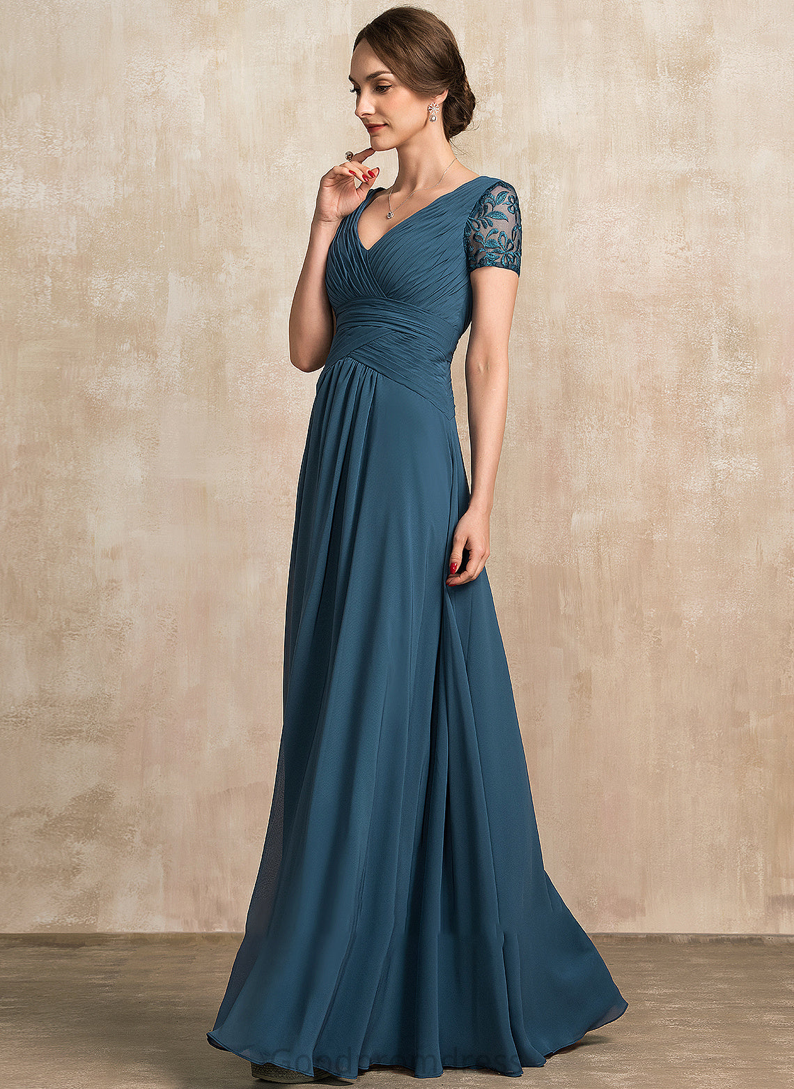 A-Line V-neck Lace Mother of With Mother of the Bride Dresses Dress Chiffon the Vivien Bride Floor-Length