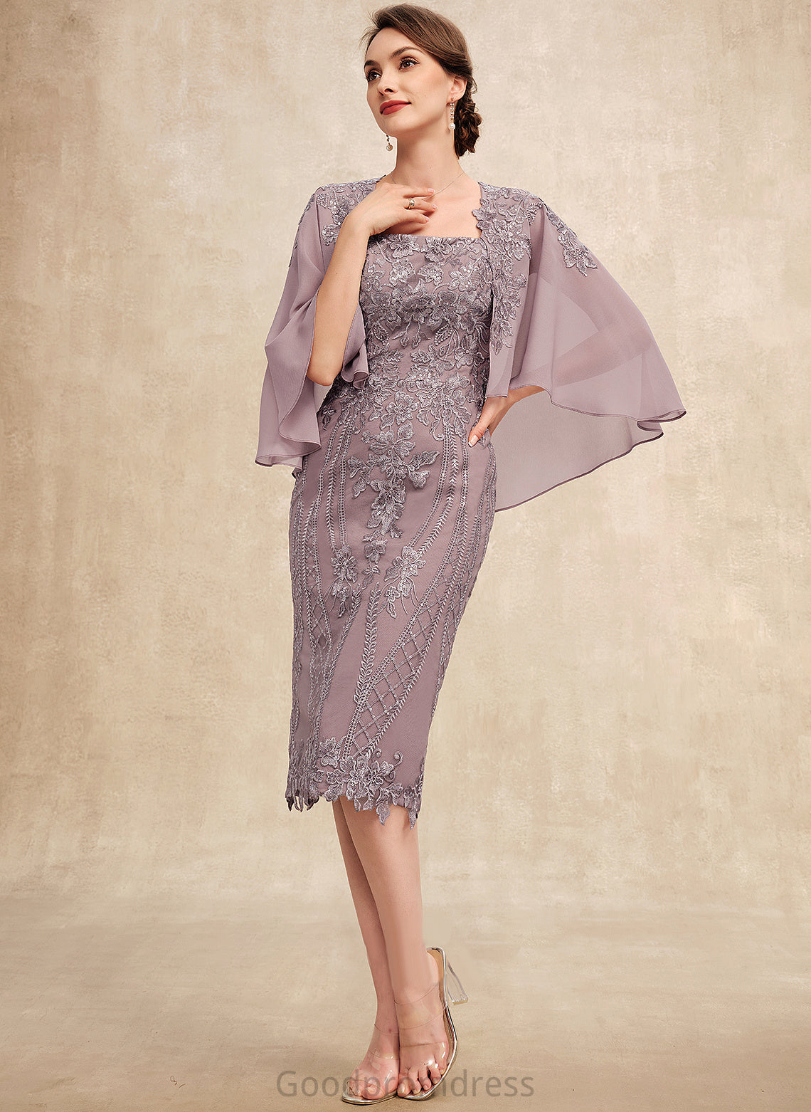 Bride Sequins Mother of the Bride Dresses Neckline With Lace Knee-Length of Mother the Square Carolyn Chiffon Dress Sheath/Column