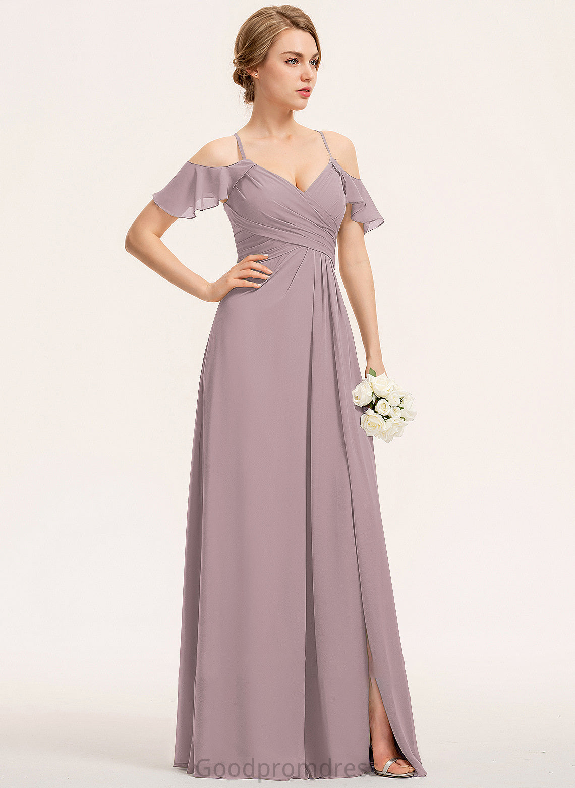 Silhouette Neckline Fabric V-neck Length CascadingRuffles Embellishment Floor-Length A-Line Ruffle SplitFront Kiera Bridesmaid Dresses