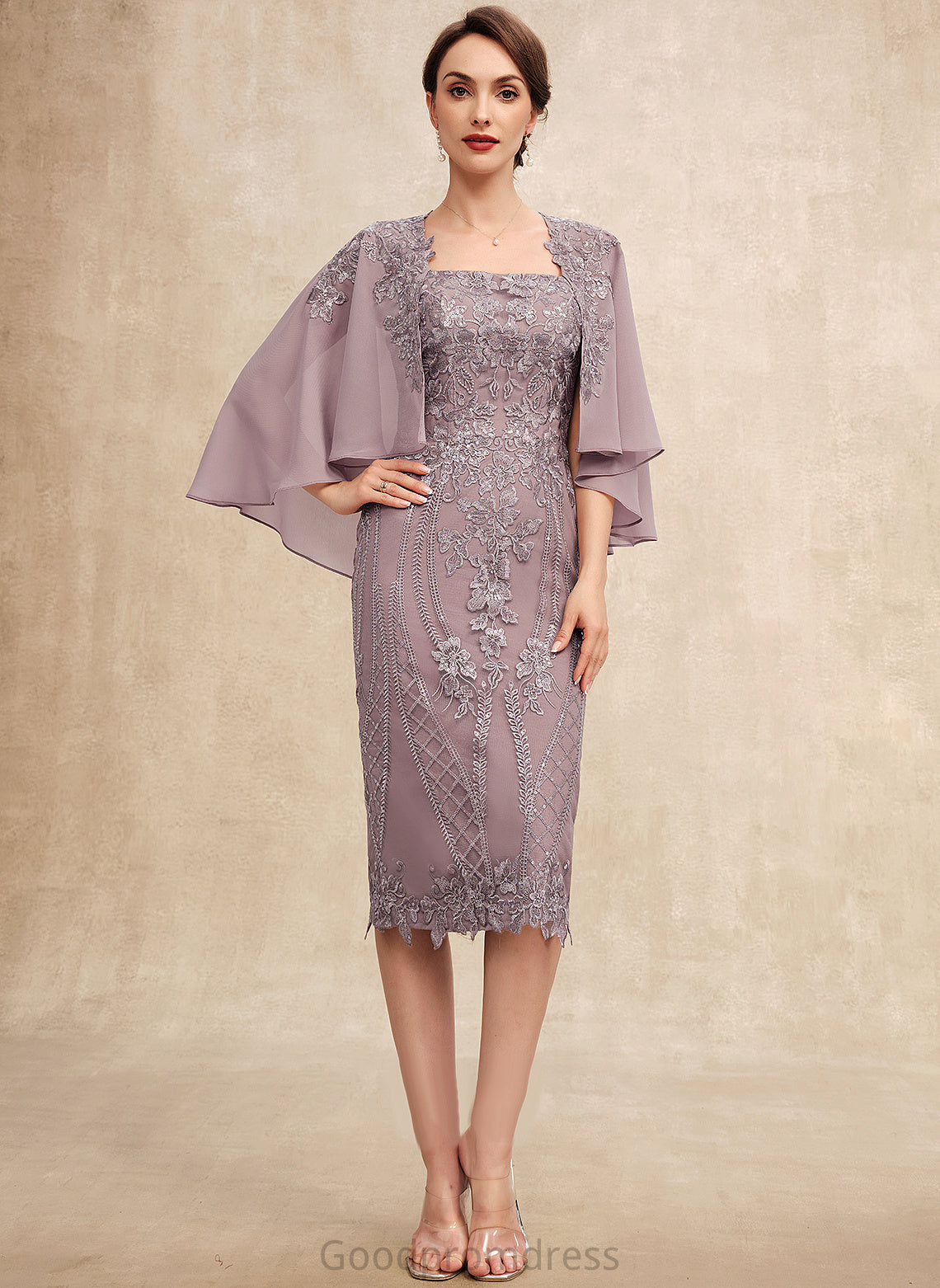 Bride Sequins Mother of the Bride Dresses Neckline With Lace Knee-Length of Mother the Square Carolyn Chiffon Dress Sheath/Column