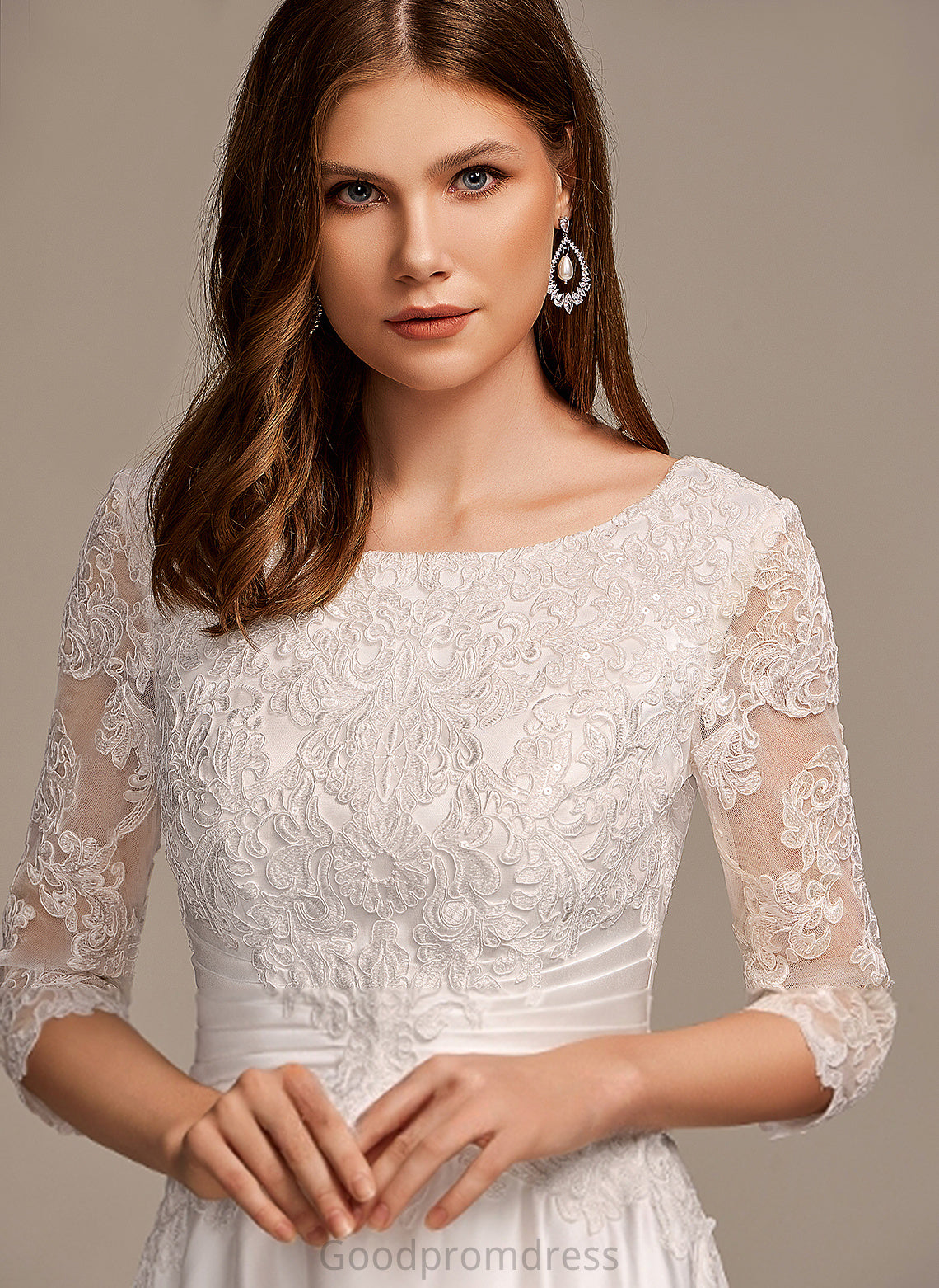 Wedding Jazmyn Tea-Length Scoop Wedding Dresses Lace Dress Satin A-Line