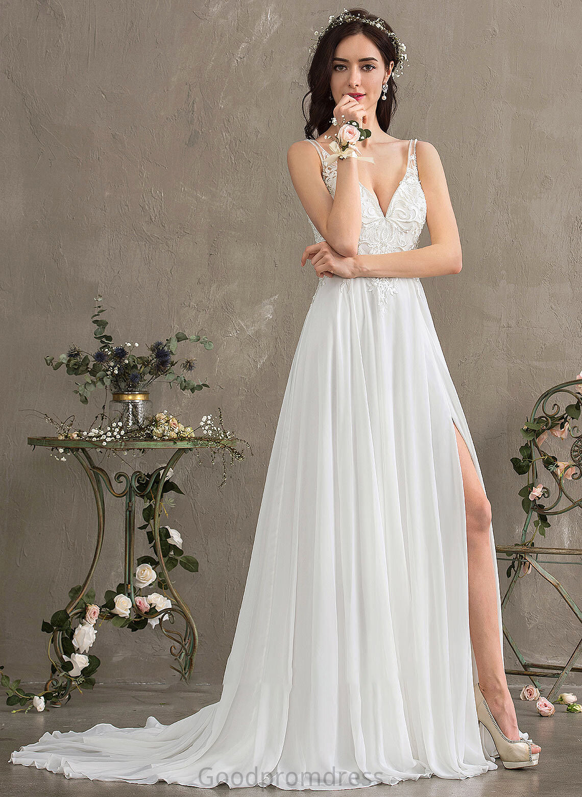 Chiffon Dress Front Beading Split Sabrina A-Line Sequins Wedding Dresses V-neck Wedding Sweep With Train