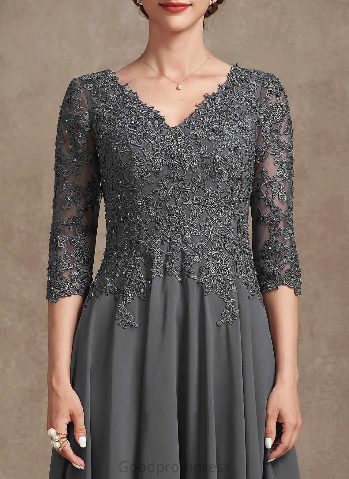 A-Line Tea-Length Lace Dress Chiffon V-neck Beading the Mother of the Bride Dresses of Sequins Bride Ellen Mother With